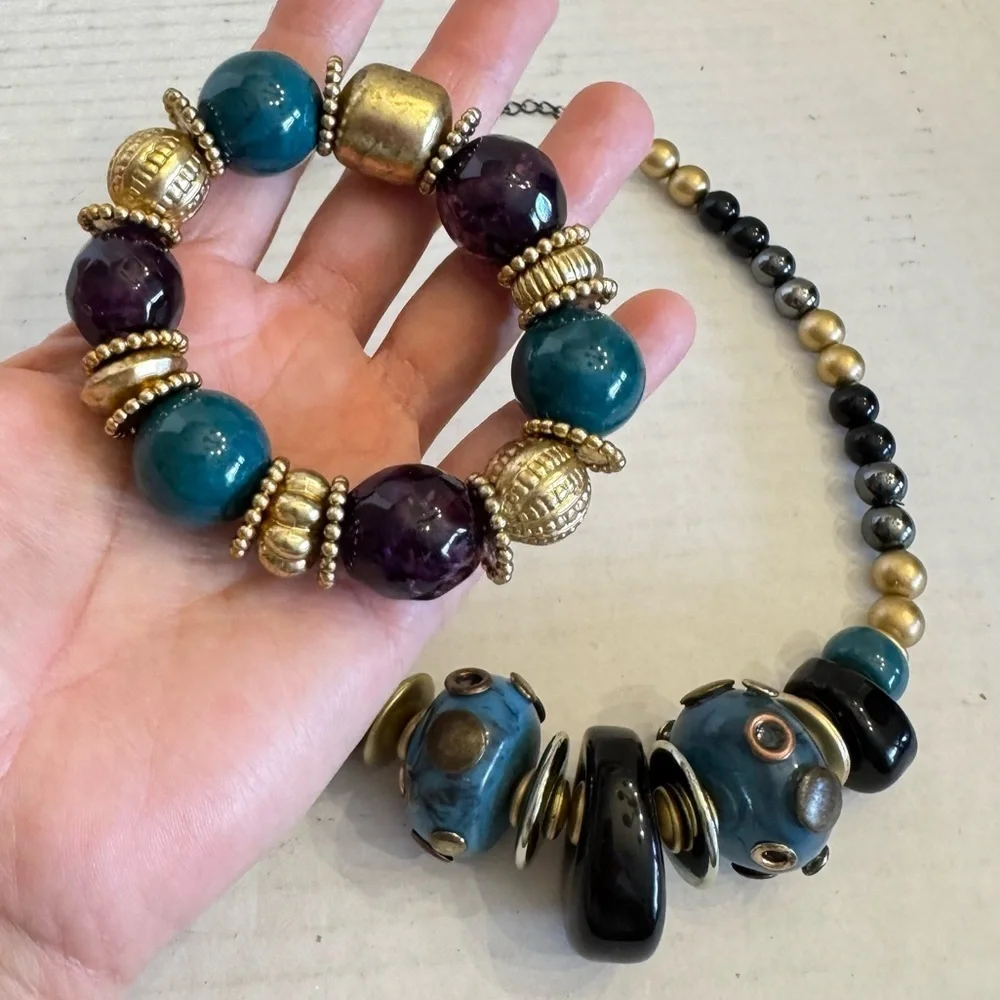 VTG Necklace Bracelet SET Artsy Turquoise Amethyst Antique Gold Chunky Jewelry